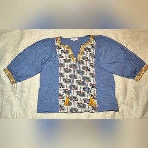 THML Blue and Cream Blouse with Gold and Red Accents